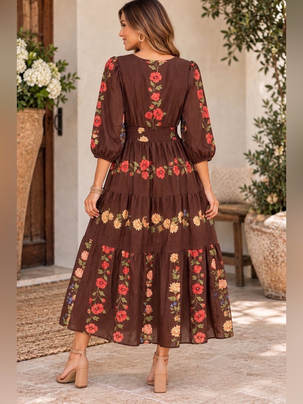 Polagram NWT Brown Floral Smocked Waist Tiered Boho Maxi Dress - Picture 2 of 5